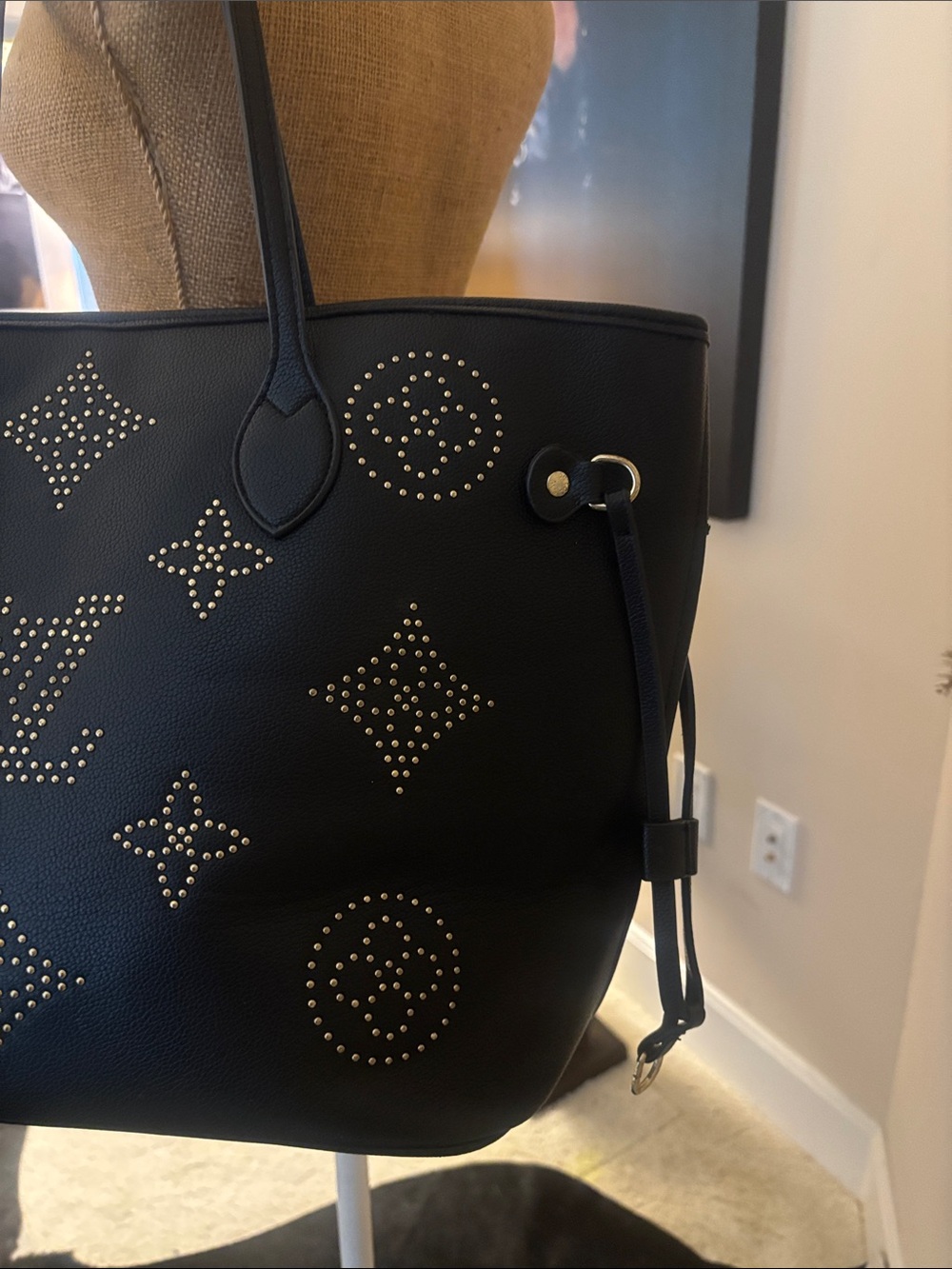 Black Perforated  fashion Monogram Studded Tote - Picture 2 of 11